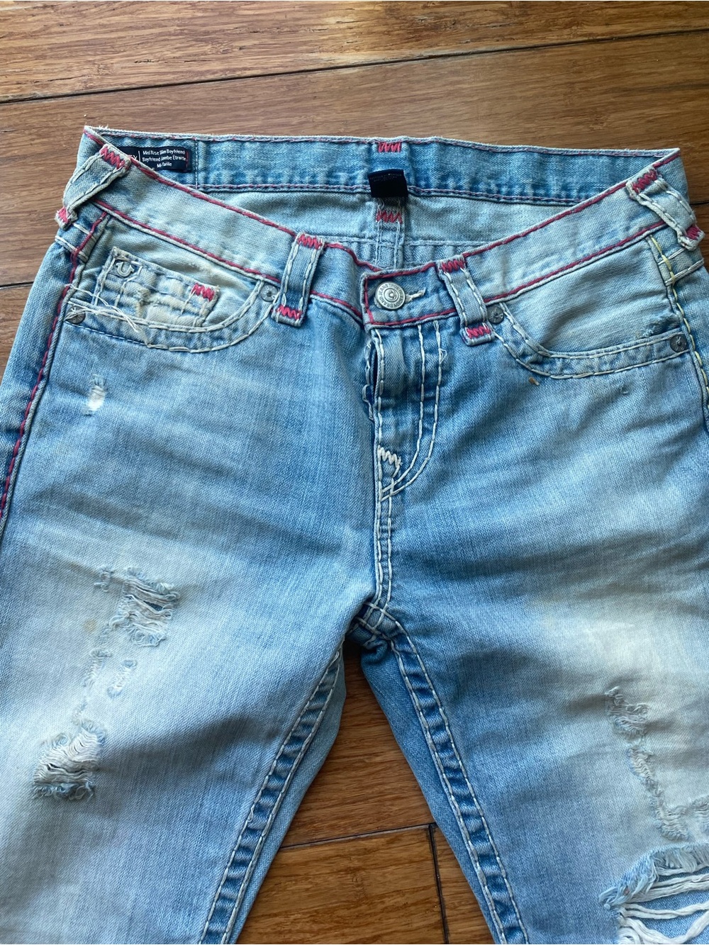 RARE FIND True Religion Light Blue Distressed  Jeans with Red and  Pink Stitch